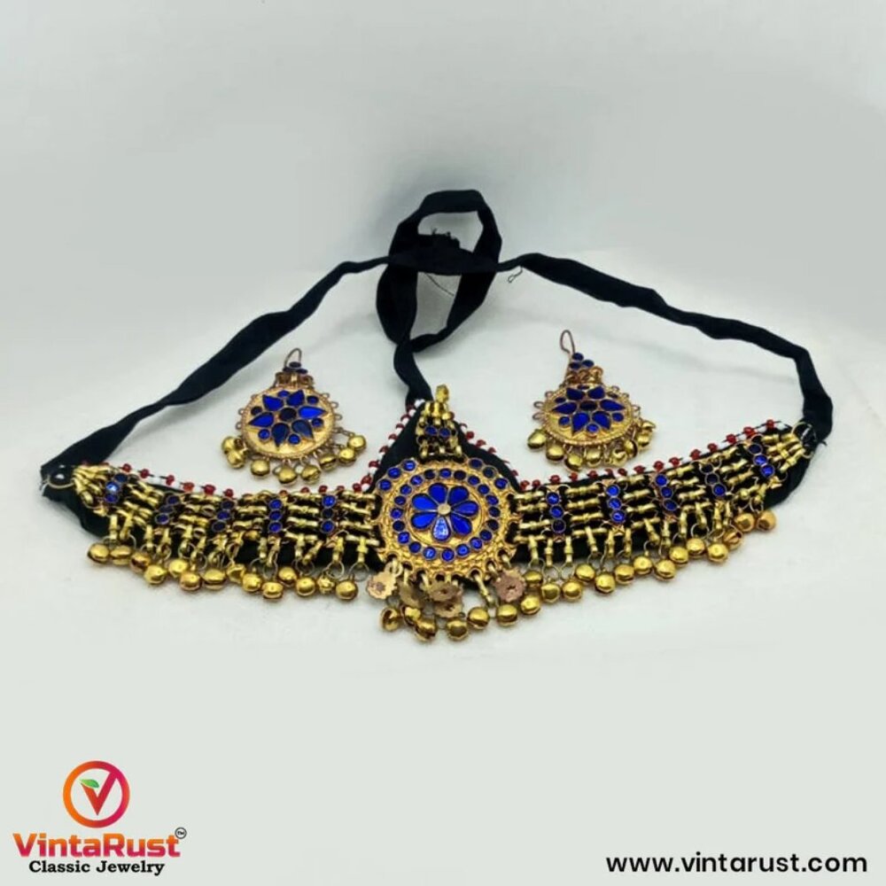 Golden Tone Afghan Jewelry Set: Handmade Tribal Necklace, Head Piece, Earrings - Picture 7 of 8
